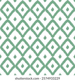 Ikat rhombus geometric seamless pattern for grandmillennial style in soft green color. Cute vector aztec ethnic textile design, tribal background, folk embroidery, wallpaper, wrapping, fabric, print.