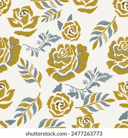 Ikat rose floral paisley embroidery  white background.Ikat ethnic oriental seamless pattern traditional.Aztec style abstract vector illustration.design for texture,fabric,clothing,wrapping,decoration.