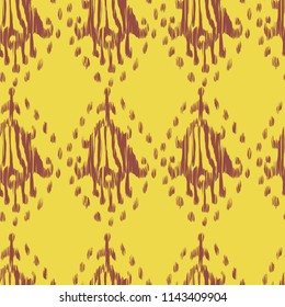 Ikat seamless bohemian ethnic pink and yellow vector pattern in watercolour style. Watercolor ikat oriental ornaments for fabric, textile, wrapping