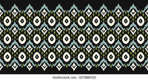 Ikat seamless border print. Vector tie dye shibori pattern with stripes and chevron. Ink textured japanese background. Ethnic fabric vector. Bohemian fashion. Endless watercolor texture. African rug.