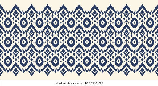 Ikat seamless border print. Vector tie dye shibori pattern with stripes and chevron. Ink textured japanese background. Ethnic fabric vector. Bohemian fashion. Endless watercolor texture. African rug.