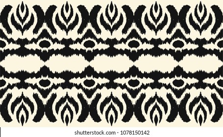 Ikat seamless border print. Vector tie dye shibori pattern with stripes and chevron. Ink textured japanese background. Ethnic fabric vector. Bohemian fashion. Endless watercolor texture. African rug.
