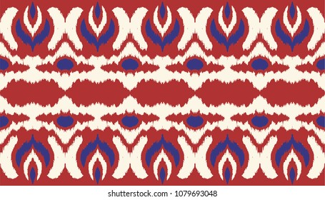 Ikat seamless border print. Vector tie dye shibori pattern with stripes and chevron. Ink textured japanese background. Ethnic fabric vector. Bohemian fashion. Endless watercolor texture. African rug.