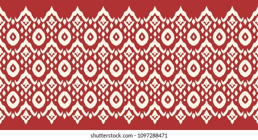 Ikat seamless border print. Vector tie dye shibori pattern with stripes and chevron. Ink textured japanese background. Ethnic fabric vector. Bohemian fashion. Endless watercolor texture. African rug.