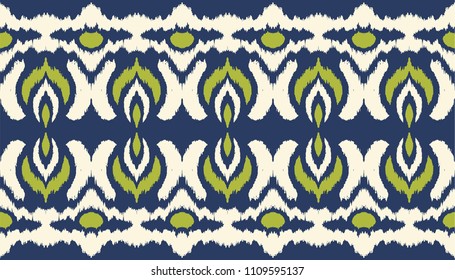 Ikat seamless border print. Vector tie dye shibori pattern with stripes and chevron. Ink textured japanese background. Ethnic fabric vector. Bohemian fashion. Endless watercolor texture. African rug.