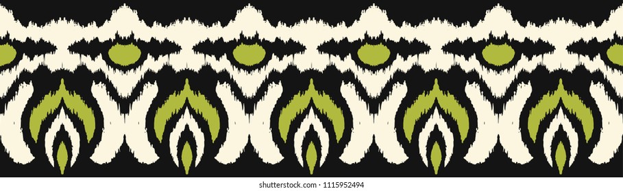 Ikat seamless border print. Vector tie dye shibori pattern with stripes and chevron. Ink textured japanese background. Ethnic fabric vector. Bohemian fashion. Endless watercolor texture. African rug.