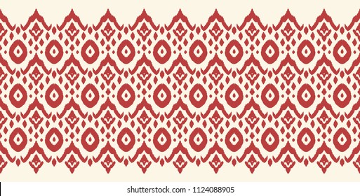 Ikat seamless border print. Vector tie dye shibori pattern with stripes and chevron. Ink textured japanese background. Ethnic fabric vector. Bohemian fashion. Endless watercolor texture. African rug.