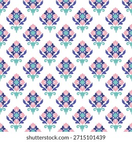 Ikat nahtloses Design mit einem Hintergrund von blauen und rosa Blumen. Orientalisches Vintage-Katzenmuster. Textilvergleich. Tapeten, Teppiche, Fliesen, Tapeten und Wohndekoration.  Handgezeichnete Vektortextur von Ikat. 