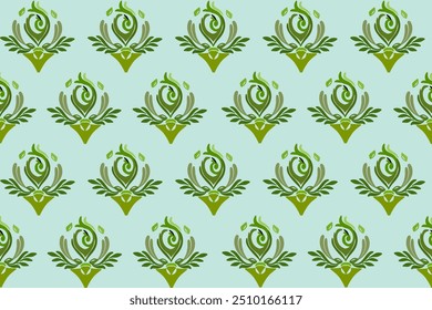 Ikat seamless fabric geometric pattern. European native damask ikat pattern. Green flowers. Light green background. Illustration, Vector, Wallpaper.