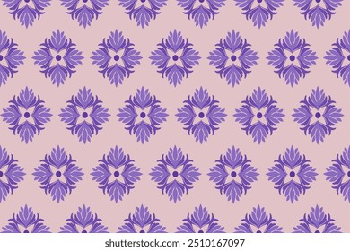 Ikat seamless fabric geometric pattern. European native damask ikat pattern. Deep purple flowers. Light purple background. Illustration, Vector, Wallpaper.
