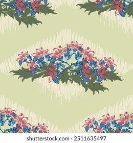 Ikat seamless floral pattern hand drawn , Motif ethnic  floral seamless textil,  embroidery, print striped ornament floral, pattern, design for wrapping, silk, scarf, background, textile