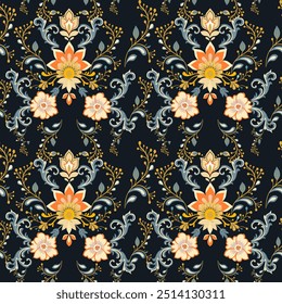 Ikat patrón floral sin fisuras dibujado a mano, Motivo étnico floral sin fisuras textil, bordado, impresión de rayas ornamento, patrón floral, diseño para envolver, seda, bufanda, fondo, textil