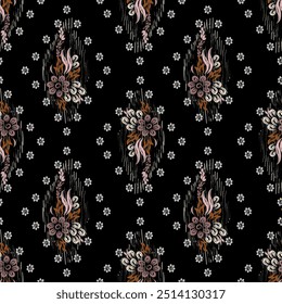 Ikat seamless floral pattern hand drawn , Motif ethnic  floral seamless textil,  embroidery, print striped ornament floral, pattern, design for wrapping, silk, scarf, background, textile