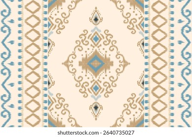  Ikat seamless floral pattern inspired by ethnic embroidery and Aztec motifs. Perfect for traditional textile designs, fabric prints and decorative illustrations.