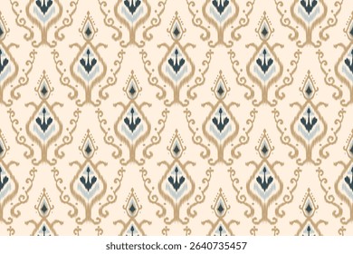 Ikat seamless floral pattern inspired by ethnic embroidery and Aztec motifs. Perfect for traditional textile designs, fabric prints and decorative illustrations.