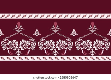 Ikat seamless floral pattern on red brown tone  , Motif ethnic  floral seamless textil,  embroidery, print striped ornament floral, pattern, design for wrapping, silk, scarf, background, text