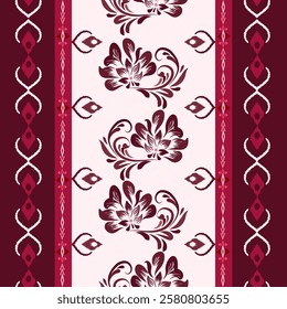 Ikat seamless floral pattern on red brown tone  , Motif ethnic  floral seamless textil,  embroidery, print striped ornament floral, pattern, design for wrapping, silk, scarf, background, text