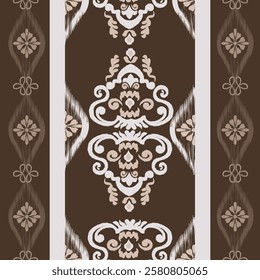 Ikat seamless floral pattern on  brown tone  , Motif ethnic  floral seamless textil,  embroidery, print striped ornament floral, pattern, design for wrapping, silk, scarf, background, text