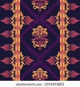Ikat seamless floral pattern on  brown tone  , Motif ethnic  floral seamless textil,  embroidery, print striped ornament floral, pattern, design for wrapping, silk, scarf, background, text