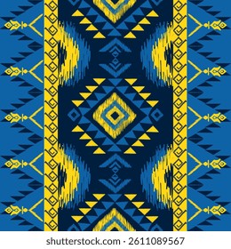 Ikat seamless floral pattern on yellow blue tone , Motif ethnic floral seamless textil, embroidery, print striped ornament floral, pattern, design for wrapping, silk, scarf, background, text