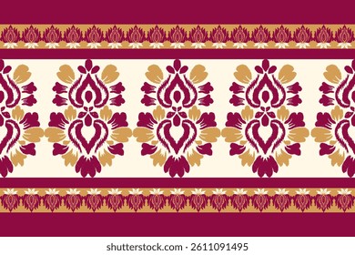 Ikat seamless floral pattern on red golden brown tone , Motif ethnic floral seamless textil, embroidery, print striped ornament floral, pattern, design for wrapping, silk, scarf, background, text