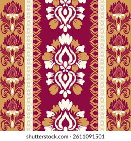 Ikat seamless floral pattern on red golden brown tone , Motif ethnic floral seamless textil, embroidery, print striped ornament floral, pattern, design for wrapping, silk, scarf, background, text