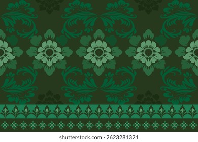 Ikat seamless floral pattern on green tone , Motif ethnic floral seamless textil, embroidery, print striped ornament floral, pattern, design for wrapping, silk, scarf, background, text