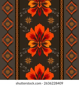 Ikat seamless floral pattern on red brown tone , Motif ethnic floral seamless textil, embroidery, print striped ornament floral, pattern, design for wrapping, silk, scarf, background, text