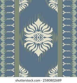 Ikat seamless floral pattern onblue-green tone  , Motif ethnic  floral seamless textil,  embroidery, print striped ornament floral, pattern, design for wrapping, silk, scarf, background, text