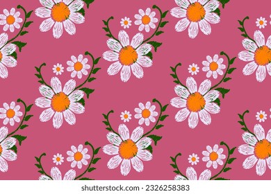 Ikat seamless floral pattern, traditional seamless pattern, pink background, aztec style, embroidery, abstract, vector, design illustration for texture, fabric, print.