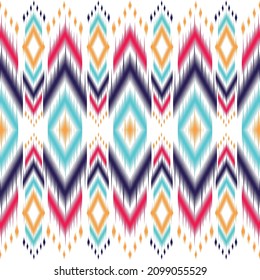 Ikat Seamless geometric fabric pattern, white collar stitching style. Ikat Zigzag pattern seamless. Geometric chevron abstract illustration, wallpaper. Tribal ethnic vector texture. Ikat Aztec style.