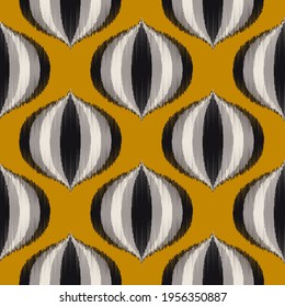 Ikat seamless ogee vector pattern. Aztec tribal abstract modern textile print. Damask style background with stripes and chevron. Ethnic watercolor fabric. Boho geometric fashion design.