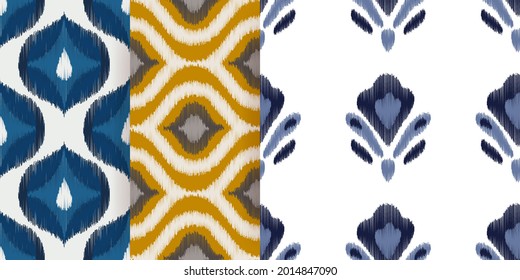 Se establecen patrones vectoriales de ogee sin fisuras Ikat. Impresión textil azteca tribal abstracta moderna. Fondo de estilo Damasco con rayas y chevron. Ropa étnica. Diseño de moda geométrica Boho.