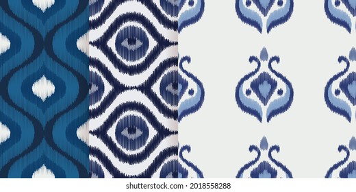 Ikat seamless ogee vector patterns set. Aztec tribal abstract modern textile print. Damask style background with stripes and chevron. Ethnic fabric. Boho geometric fashion design.