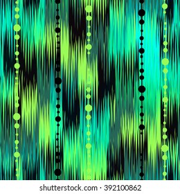 Ikat seamless pattern with aquamarine, black, blue, green glowing acid colors psychedelic colors