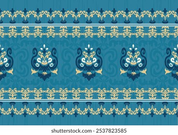 Patrón sin costuras Ikat - Colores temáticos azul y crema. Vector Illustrator Descarga de archivo digital para impresión, imprimible, textil, Fondo de pantalla, fondo, alfombra, cubierta de libro y muchos proyectos.