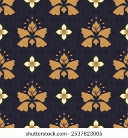 Patrón sin costuras Ikat - Colores temáticos azul y oro. Vector Illustrator Descarga de archivo digital para impresión, imprimible, textil, Fondo de pantalla, fondo, alfombra, cubierta de libro y muchos proyectos.