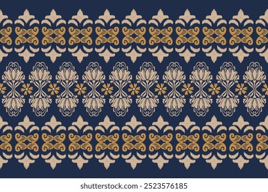 Ikat seamless pattern. Border with flora. Openwork lace.Vector tie dye shibori print with stripes and chevron. Ink textured japanese background. Bohemian fashion. design for texture, fabric, clothing