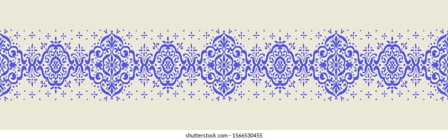 Ikat seamless pattern. Border with snowflakes. Openwork lace. New year Christmas background. Vector tie dye shibori print with stripes and chevron. Ink textured japanese background. Bohemian fashion. 