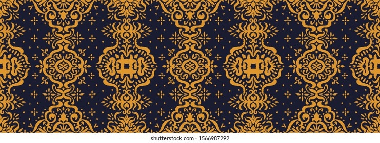 Ikat seamless pattern. Border with snowflakes. Openwork lace. New year Christmas background. Vector tie dye shibori print with stripes and chevron. Ink textured japanese background. Bohemian fashion. 