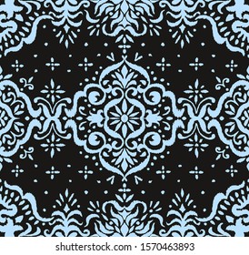 Ikat seamless pattern. Border with snowflakes. Openwork lace. New year Christmas background. Vector tie dye shibori print with stripes and chevron. Ink textured japanese background. Bohemian fashion. 