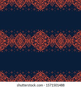 Ikat seamless pattern. Border with snowflakes. Openwork lace. New year Christmas background. Vector tie dye shibori print with stripes and chevron. Ink textured japanese background. Bohemian fashion. 