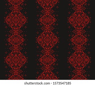Ikat seamless pattern. Border with snowflakes. Openwork lace. New year Christmas background. Vector tie dye shibori print with stripes and chevron. Ink textured japanese background. Bohemian fashion. 