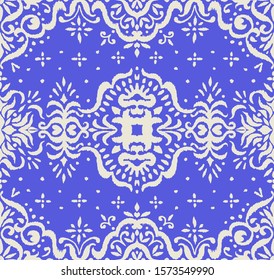 Ikat seamless pattern. Border with snowflakes. Openwork lace. New year Christmas background. Vector tie dye shibori print with stripes and chevron. Ink textured japanese background. Bohemian fashion. 
