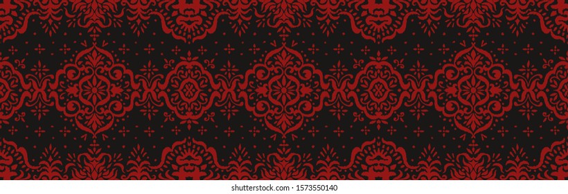 Ikat seamless pattern. Border with snowflakes. Openwork lace. New year Christmas background. Vector tie dye shibori print with stripes and chevron. Ink textured japanese background. Bohemian fashion. 