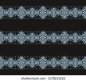 Ikat seamless pattern. Border with snowflakes. Openwork lace. New year Christmas background. Vector tie dye shibori print with stripes and chevron. Ink textured japanese background. Bohemian fashion. 
