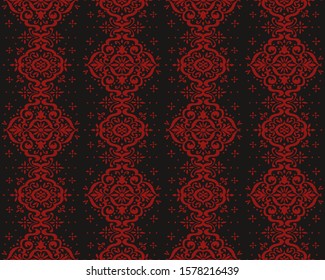 Ikat seamless pattern. Border with snowflakes. Openwork lace. New year Christmas background. Vector tie dye shibori print with stripes and chevron. Ink textured japanese background. Bohemian fashion. 