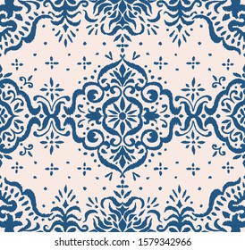 Ikat seamless pattern. Border with snowflakes. Openwork lace. New year Christmas background. Vector tie dye shibori print with stripes and chevron. Ink textured japanese background. Bohemian fashion. 
