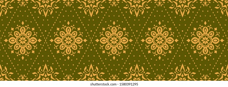 Ikat seamless pattern. Border with snowflakes. Openwork lace. New year Christmas background. Vector tie dye shibori print with stripes and chevron. Ink textured japanese background. Bohemian fashion. 