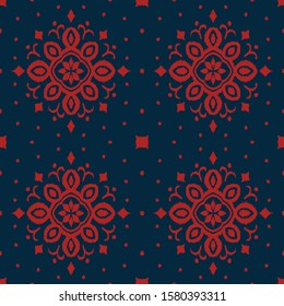 Ikat seamless pattern. Border with snowflakes. Openwork lace. New year Christmas background. Vector tie dye shibori print with stripes and chevron. Ink textured japanese background. Bohemian fashion. 